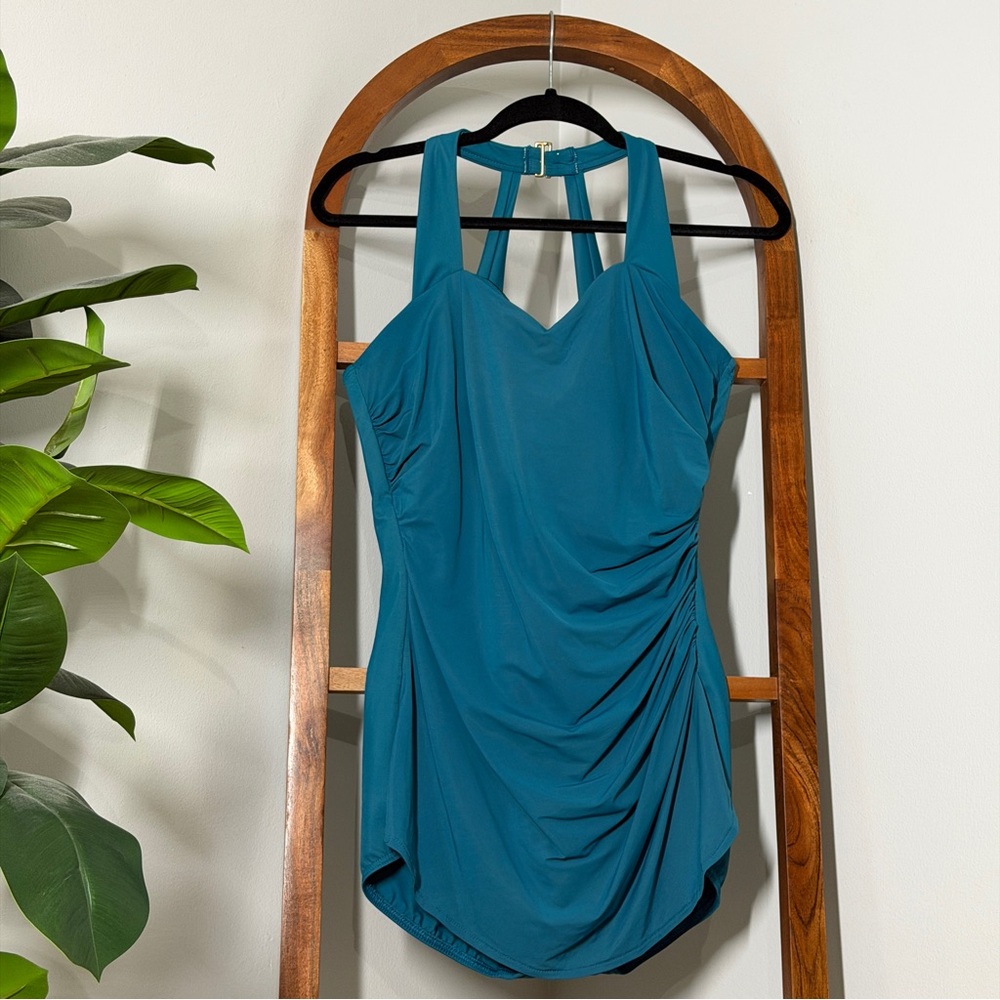 Lands End 12DD Slimming Slender Tunic One Piece Bathing Suit in Twilight Teal